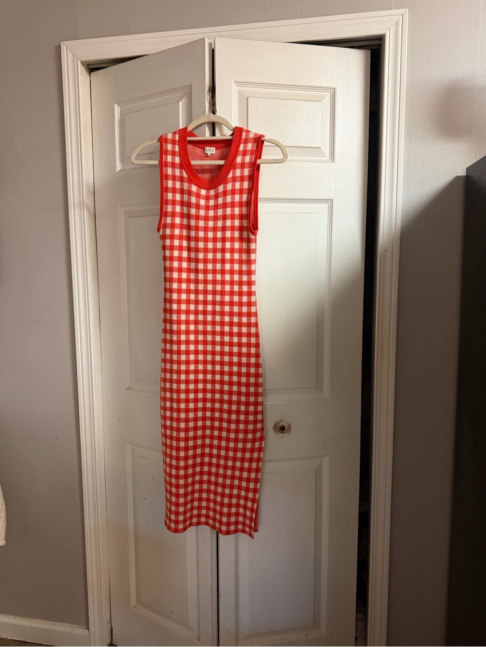 Sleeveless Red and White Check Knit Midi Dress Kule xs